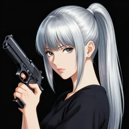 girl silver ponytail hair, holding a gun, illustration by Yoji Shinkawa and Krenz Cushart, cinematic portrait