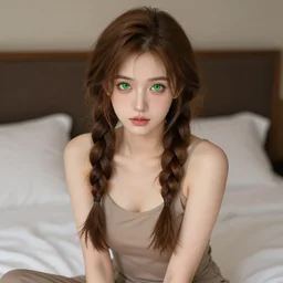 beautiful woman with braided brown hair and green eyes, wearing a camisole, sitting on her bed, highly detailed, in the style of and ilya kuvshinov and greg rutkowski, high quality anime artstyle, intricate