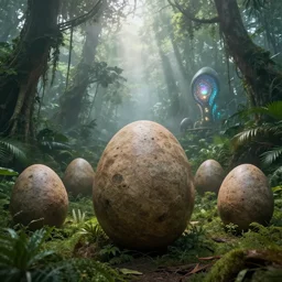 triassic, large dinosaur eggs, dinosaur close - up, lush green triassic jungle, sun beams through thick fog, glowing alien artifact, les edwards, zdzislaw beksinski, carl gustav carus, john harris, michal karcz, zhang kechun, mikko lagerstedt, scott listfield, steven outram, jessica rossier