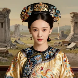a lovely and shiny young empress of qing dynasty, chic phoenix embroidery clothes, face by artgerm, ross tran, fuji choko, loish, 8 k resolution, attractive, symmetrical portrait, beautifully detailed landscape of ruin, trending on pixiv and pinterest, charming black eyes, luxury