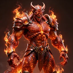 a highly detailed, muscular, scary, full body demon, iron armor by alex gray, android jones, karol bak, ayami kojima, artgerm, concept art, dragon skin, hell fire, fire amber, glowing eyes, smirking angry expression, 3 d, octane render, 8 k, unreal engine