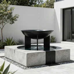 Steven holl architect and gio ponti design a modern backyard water fountain, concrete and black steel