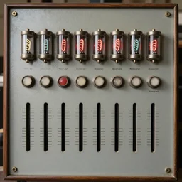 vintage control panel with buttons, sliders and nixie tubes