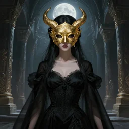 portrait of female as lilith, black clothes, gold mask, in the temple of hell, moon light, sci - fi and fantasy, intricate and very very beautiful and elegant, highly detailed, digital painting, artstation, concept art, smooth and sharp focus, illustration, art by tian zi and wlop and alphonse mucha