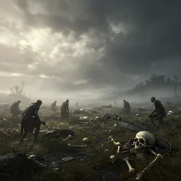 beautiful render of a eerie landscape, unreal engine, post battle, first light, dead soldiers, moor, morning mist, dramatic clouds, scattered bones and skulls, soft light, by greg rutkowski and h. r. giger, cgsociety