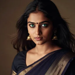 close - up view, studio photographic portrait of beautiful indian girl in sari, green or blue eyes, haunting, dynamic lighting