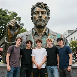 group of young men worshipping giant statue of joe rogan and andrew tate in real life, 8 k, 4 k uhd, realistic, hyper realistic, super detailed, very detailed, detailed