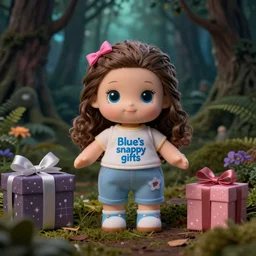 blue'snappy gifts'logo doll in magical forest, gifts, dark atmosphere, high detail, soft lighting, 8 k