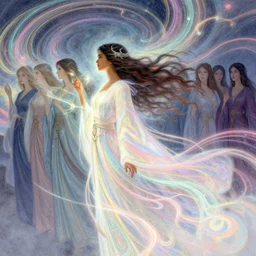 side profile, maya ali, wind sorceresses, intricate robes, gloomhaven, luminescent, colorful swirly magic ripples, pastel colors, by greg manchess, huang guangjian, gil elvgren, sachin teng, greg rutkowski, jesper ejsing, ilya kuvshinov