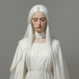 benevolent lady, closed eyes, graceful, modest white gown, white shawl on her shoulders, high collar, kindness, sadness, long white hair, straight hair, long shot, highly detailed, digital painting, artstation, concept art, sharp focus, illustration, 1 2 3 4, art mark brooks and luis royo