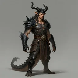 Humanoid man, with black horns instead of ears, some black scales around his body, dragon tail, battle garments, fighter, high fantasy, portrait, by leonardo da vinci, artstationHD, color