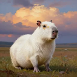 white capybara at siberia, surreal photography, warm dramatic light, impressionist painting, colorful clouds, digital painting, artstation, kilian eng, john harris, bastien lecouffe - deharme, simon stalenhag, flower face