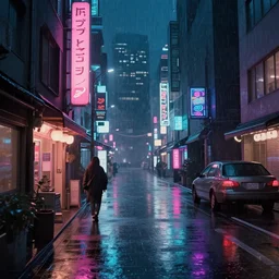 cozy soft neon street with in a cyberpunk city on a rainy melancholy osaka night in 1 9 9 6 by de chirico