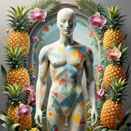 “ a beautiful mannequin covered in geometrical 3 d print, a portal to a new world, flowering pineapples and orchids, transcendent, vibrant color, clean linework, finely detailed, 4 k, trending on artstation, photorealistic, volumetric lighting, octane render, in the style of james jean ”