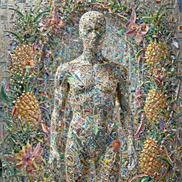 “ a beautiful mannequin covered in geometrical 3 d print, a portal to a new world, flowering pineapples and orchids, transcendent, vibrant color, clean linework, finely detailed, 4 k, trending on artstation, photorealistic, volumetric lighting, octane render, in the style of james jean ”