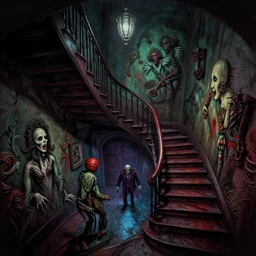cinematic colorful horror artwork by artgerm, beksinski, mark brooks, stephen king ; flight of stairs in hallway looking down ; dark ominous scary, 8 k hdr, creepy intricate ; volumetric dramatic lighting, insanely detailed, haunting