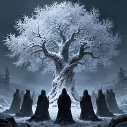 wintersplinter tree, druids praying in front of tree, fantasy, artstation, dungeons and dragons, d & d