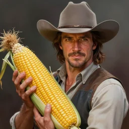 chuck norris, cinematic, wearing a cowboy hat, holding a giant corn, elegant, highly detailed, digital painting, artstation, smooth, hard focus, illustration, art by jessica rossier and and brian froud