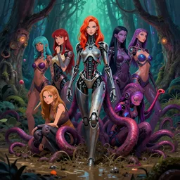 mix of beautiful female cyborg terminator as a tentacle monster, perfect faces, magical forest, muddy swamp, very coherent and colorful high contrast art, artstation, deviantart, digital art