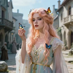 a woman in a medieval city with butterflies, hyperrealistic film still by david lynch, art nouveau, highly detailed, strong lights, sharp focus, liminal, eerie, symbolist, bright pastel colors