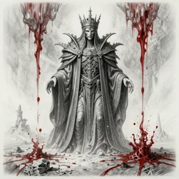 cinematic, hyperdetailed, symmetrical, 3 d point pencil drawing of a incommensurate entity, the enigmatic king of entropy approaches menacingly to earth, lovecraftian, torrential blood, fog, hires, unreal 5, octane, hyperrealism, dark fantasy, catalogue raisonne, autodesk maya, 8 k, saturated colors, colourful, photoshopped, by wayne barlow and zdzisław beksinski