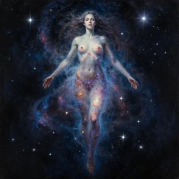 a giant woman floating among the stars. she is made of galaxies and nebula and a million sparkling stars. dramatic light and dark. beautiful well composed painting with detailed face by artgerm and greg rutkowski and alphonse mucha.