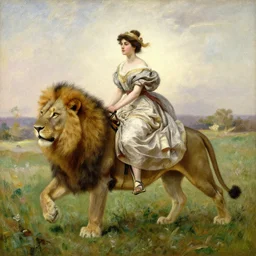 a woman wearing a beautiful dress, riding on a majestic lion over a meadow, oil on canvas masterpiece by william adolphe bouguereau