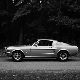 gray old model mustang, black background, sideshot, autumn, woods, black and white 4 k,