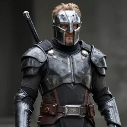 liam neeson in doomslayer armor without a helmet