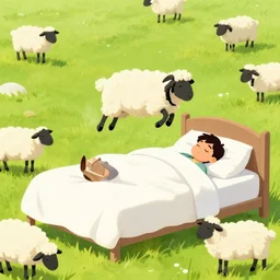 Counting sheep, sleeping, dreaming, Sheep jumping over man in bed, Grassy field, bed, sheep, 8k, digital art, trending on artstation