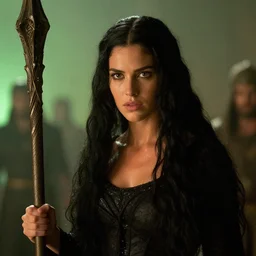 epic photo of young demi moore as beautiful medieval sorceress with very long black hair, battle scene, holding her wizard staff, sweaty, neutral expression, perfect likeness, rim light, low contrast, soft light, green hue, shallow depth of field, photorealistic, cinematic lighting, lovely bokeh, warm colours, dusk, movie quality, green glow from the left, excalibur 1 9 8 5, movie still, cinemascope