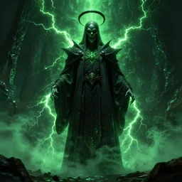 character design, dark priest, green lightning, black halo, evil, power, green mist, scary, photorealistic, unreal engine, hellish background