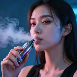 face close - up photo of the beautiful girl holding a vape and vaping. cyberpunk, ultra - hd, hcl, one point lighting, volumetric lighting, studio lightning