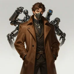 a highly detailed illustration of thick wavy brown haired young white guy wearing brown coat and wearing face mask with many mechanical arms on his back, dramatic hands in pocket standing pose, intricate, elegant, highly detailed, centered, digital painting, artstation, concept art, smooth, sharp focus, league of legends concept art, WLOP