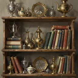 a really messy shelf, full of different trinkets and books. intricate, elegant, highly detailed, digital painting, artstation, concept art, sharp focus, illustration, by justin gerard and artgerm, 8 k