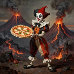 a highly detailed pulcinella! holding a pizza! margherita, full body, volcano in background, lava and smoke, ominous, detailed painting by arturo faldi, trending on deviantart, octane, masterpiece
