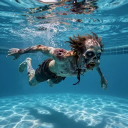 highly detailed full body portrait of a zombie swimming underwater in a zombie - apocalypse, in a swimming pool, style tony moore walking dead