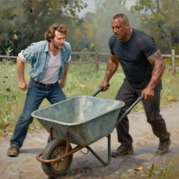jim varney pushing a wheel barrow with vin diesel in it, an oil painting by ross tran and thomas kincade