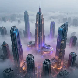 hyperrealistic matte painting of complex buildings above a mysterious and lively fog, futuristic architecture, futuristic designs, art deco architecture, cyberpunk style, vivid lights, concept art, by paul lehr and hugh ferris and noriyoshi ohrai