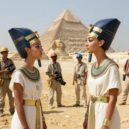a rare candid scene taken of the actors playing young nefertiti and tutankhamun both in non royal attire at the construction of the khufu pyramid talking to workers from the latest award winning christopher nolan film'before they were pharohes ', dslr
