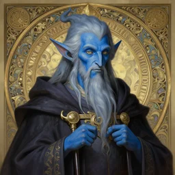 portrait of a wizard with blue skin, elegant, intricate, highly detailed, digital painting, artstation, concept art, sharp focus, illustration, art by artgerm and greg rutkowski and alphonse mucha