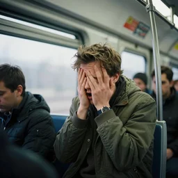 a very very confused and scared man riding a suburban train for the first time, 8 5 mm photograph