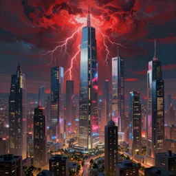 ultra realist intricate detailed landscape painting of an alien world with mirrored skyscrapers and neon lights, red sky electrical storm, dystopian, symmetry accurate features, very intricate details, bokeh focus, 8 k render, artstyle andree wallin, award winning