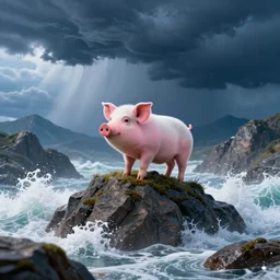 the cute little pink pig climbed over the mountains, the blue storm was brewing, and the white waves crashed against the mountains, by pablo carpio, greg rutkowski
