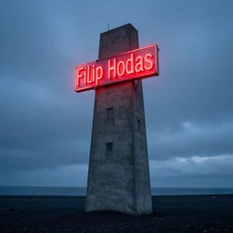 a concrete tower on a icelandic beach, big red neon sign, cloudy day, blue hour by filip hodas, by simon stalenhag, dramatic light concept art, matte painting, tranding on artstation