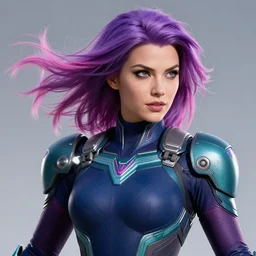 a stunning upper body portrait of a beautiful woman with a ombre purple pink hairstyle with hair blowing in the wind wearing futuristic navy blue and teal battle bodyarmor and pauldrons by marvel comics, outrun, vaporware, action photography, movement, high shutter speed, highly detailed, fine detail, intricate, digital art, trending on artstation
