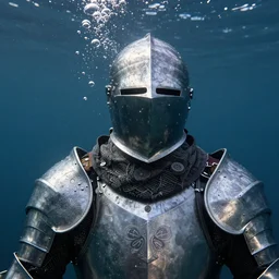 Underwater photo of an artist in medieval armor by Trent Parke, close up, huge bubbles, metallic patterns, clean, detailed
