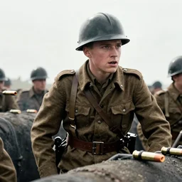 jay baruchel as world war 1 soldier in the trenches, bullets whizzing past, cinematic lighting, high contrast, 4 k hdr imax cinematography by roger deakins, award winning shot, beautiful composition, principal photography, vfx action shot