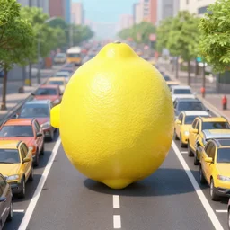 a giant lemon in the middle of the street creating a roadblock, photo
