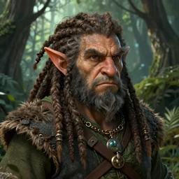 a close - up headshot illustration portrait of an dwarf druid with dreadlocks standing in deep lush forest, d & d character portrait, pathfinder, art by keith parkinson and greg rutkowski and frank frazetta